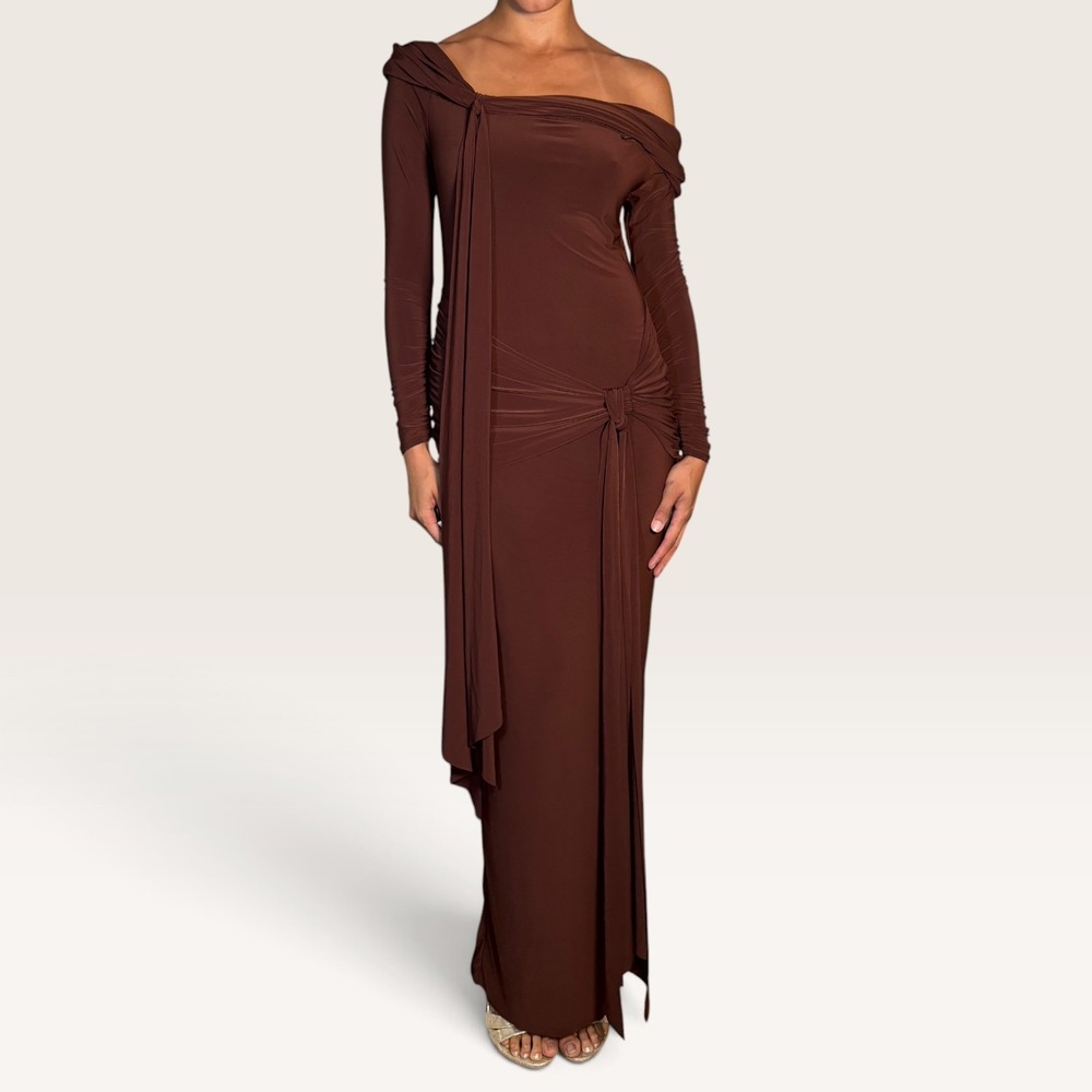 Club L London Jovie Brown Bardot Wrap Maxi Dress Sash Detail Medium Formal
